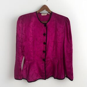 VTG Jack Mulqueen Silk Top Peplum Button Front Blouse Pink Print Womens Size 14